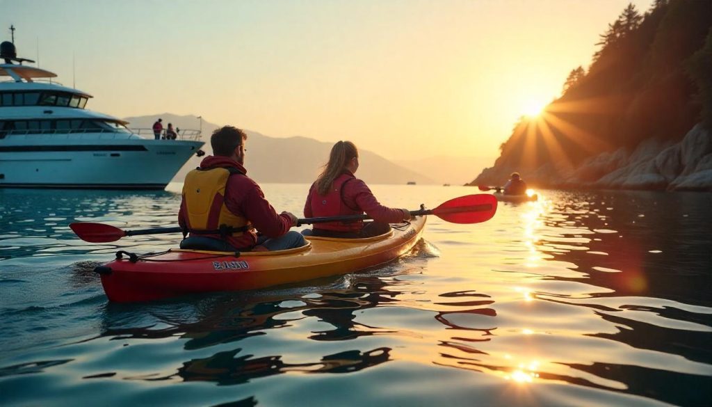Group kayaking during multi-generational yacht vacation guide in Pacific Northwest.